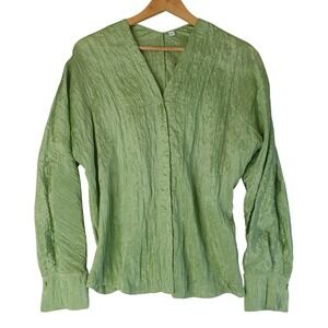 Vince Top Womens S Green V-Neck Long Sleeve Crinkle Texture Blouse Modern Chic